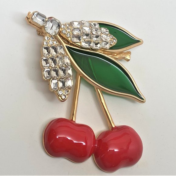 Stunning Enamel Red Cherries, Green Glass & Crystal Rhinestones Pin Brooch - Picture 7 of 7